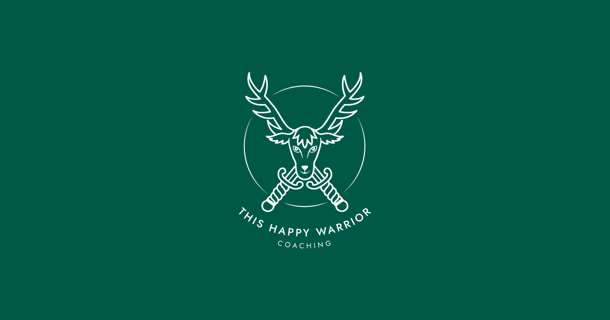 A green banner with the This Happy Warrior logo in the centre.